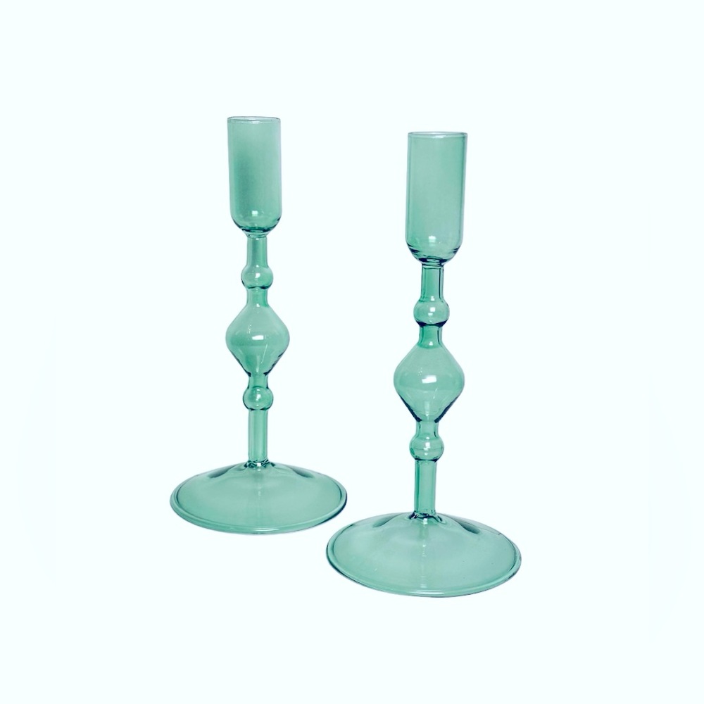 Mint Green Art Glass Taper Candlestick Holders - 7.5” Tall - Set Of 2